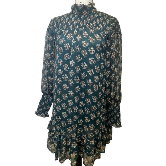 WALTER BAKER MINI DRESS MESSY MOCK FLORAL GREEN RUCHED CUFFS SZ S RUFFLES PREPPY - Picture 13 of 16